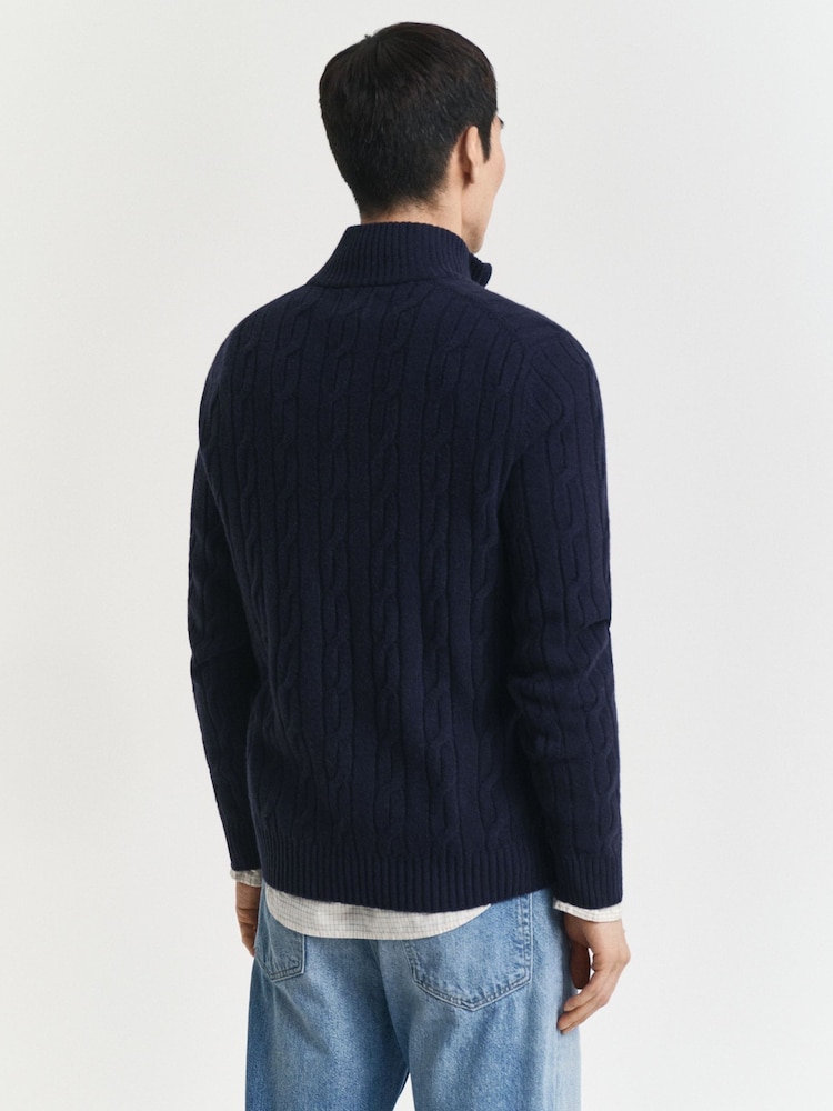 GANT Blue Lambswool Cable Knit Half Zip Jumper - Image 2 of 6 GANT Blue Lambswool Cable Knit Half Zip Jumper - Image 2 of 6