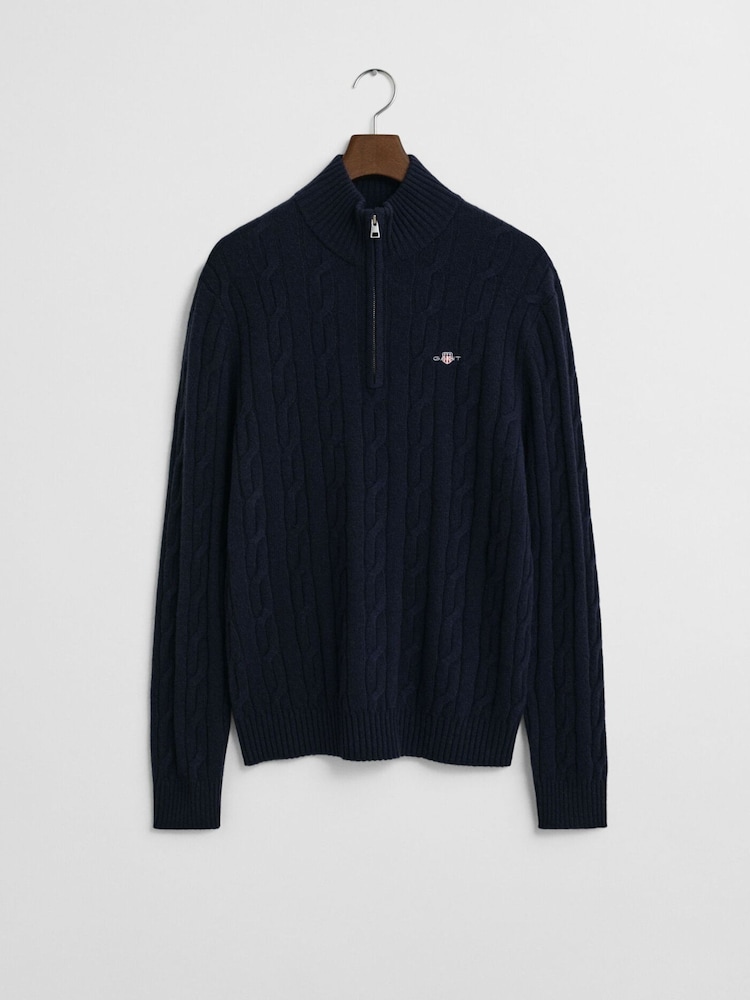 GANT Blue Lambswool Cable Knit Half Zip Jumper - Image 6 of 6 GANT Blue Lambswool Cable Knit Half Zip Jumper - Image 6 of 6