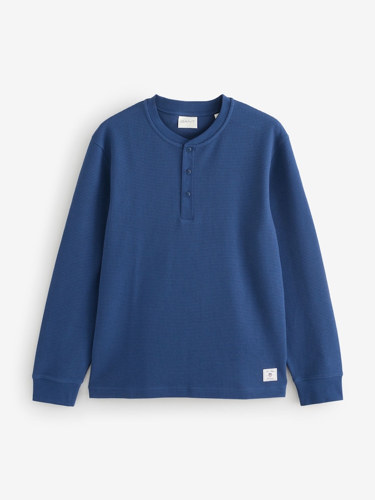 GANT Blue Henley Waffle Texture Long Sleeve T-Shirt - Image 1 of 1