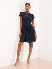 Navy Cap Sleeve Lace Mini Dress - Image 1 of 4