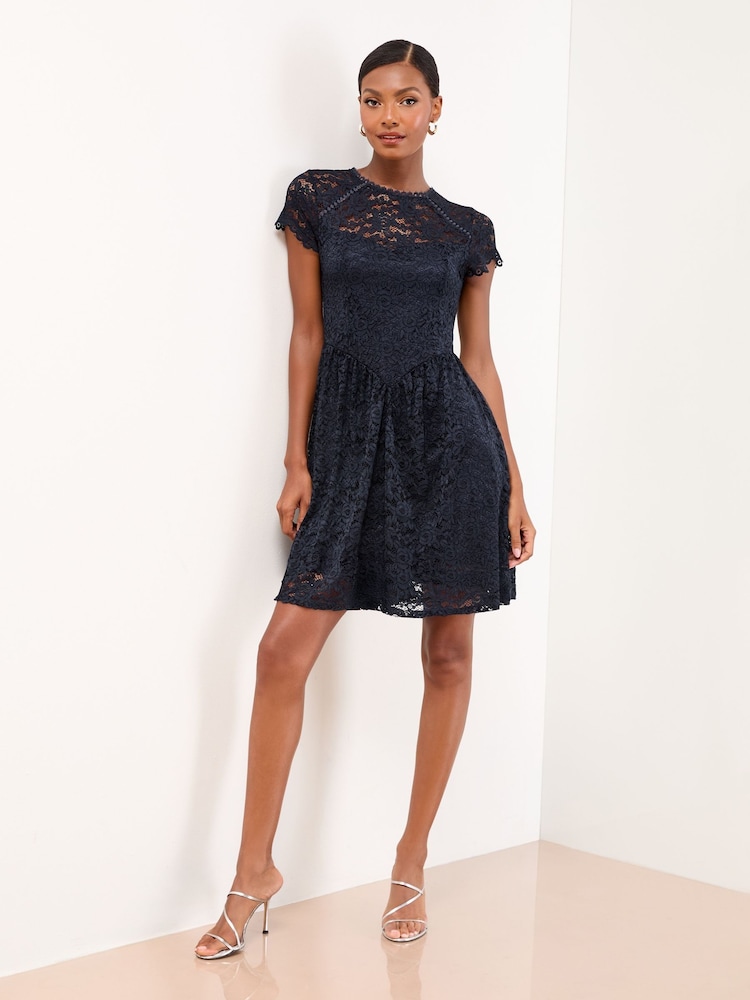 Navy Cap Sleeve Lace Mini Dress - Image 1 of 4