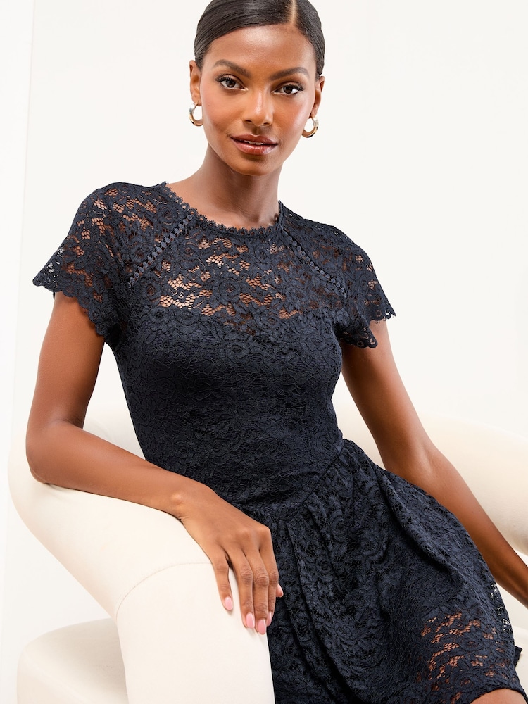 Navy Cap Sleeve Lace Mini Dress - Image 2 of 4