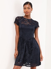 Navy Cap Sleeve Lace Mini Dress - Image 3 of 4