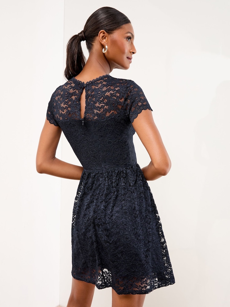 Navy Cap Sleeve Lace Mini Dress - Image 4 of 4