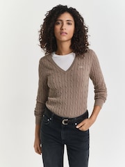 GANT Brown Stretch Cotton Cable Knit V-Neck Jumper - Image 1 of 5