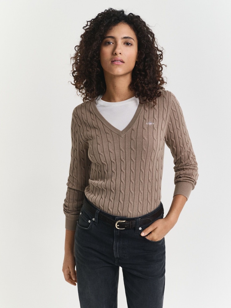 GANT Brown Stretch Cotton Cable Knit V-Neck Jumper - Image 1 of 5 GANT Brown Stretch Cotton Cable Knit V-Neck Jumper - Image 1 of 5