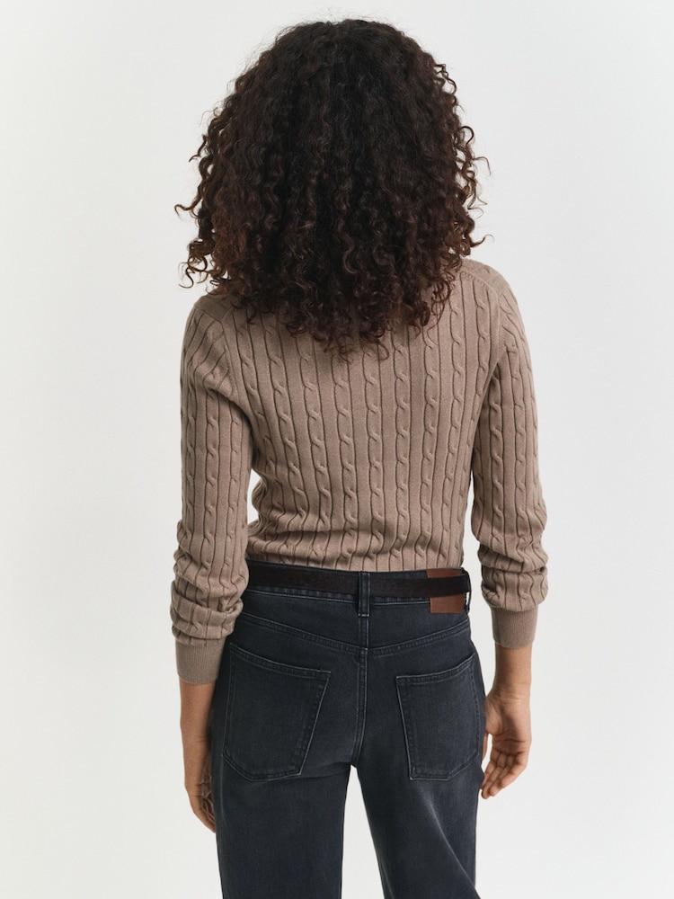 GANT Brown Stretch Cotton Cable Knit V-Neck Jumper - Image 2 of 5 GANT Brown Stretch Cotton Cable Knit V-Neck Jumper - Image 2 of 5