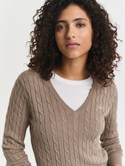 GANT Brown Stretch Cotton Cable Knit V-Neck Jumper - Image 4 of 5