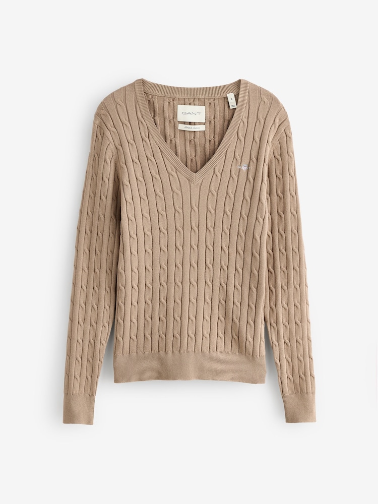 GANT Brown Stretch Cotton Cable Knit V-Neck Jumper - Image 5 of 5 GANT Brown Stretch Cotton Cable Knit V-Neck Jumper - Image 5 of 5