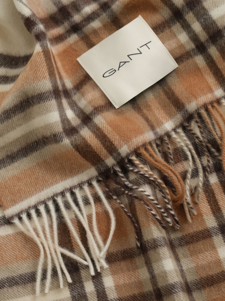 GANT Cream Tartan Check Wool Scarf - Image 4 of 4