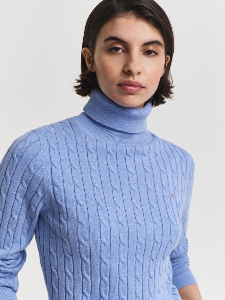 GANT Light Blue Stretch Cotton Cable Knit Turtleneck Jumper - Image 4 of 4 GANT Light Blue Stretch Cotton Cable Knit Turtleneck Jumper - Image 4 of 4