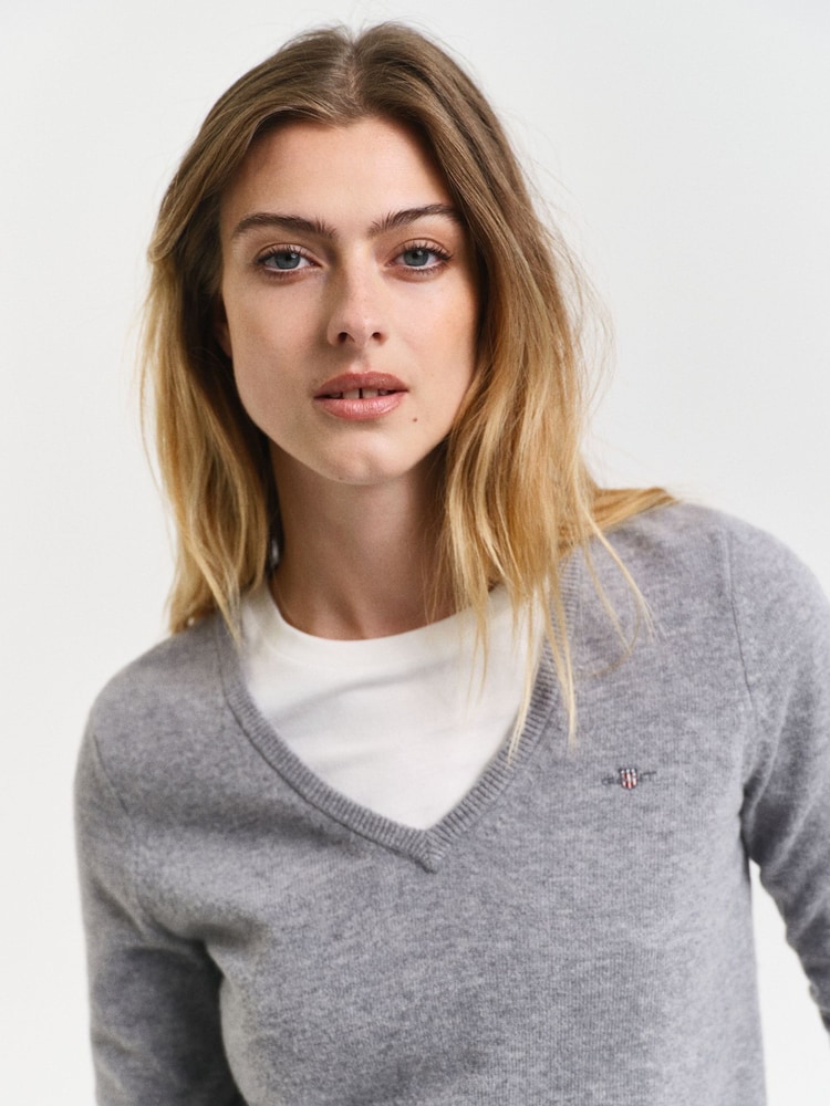 GANT Grey Fine Lambswool Blend V-Neck Knit Jumper - Image 4 of 4