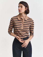 GANT Brown Breton Striped Long Sleeve Pique Polo Shirt - Image 1 of 6