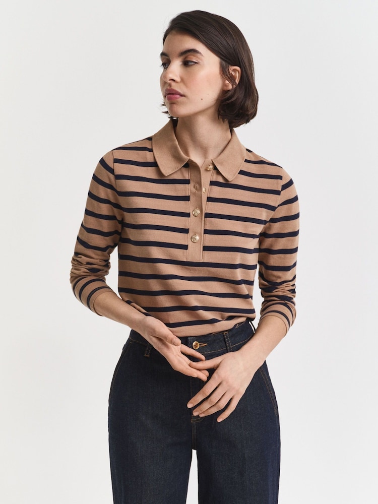GANT Brown Breton Striped Long Sleeve Pique Polo Shirt - Image 1 of 6