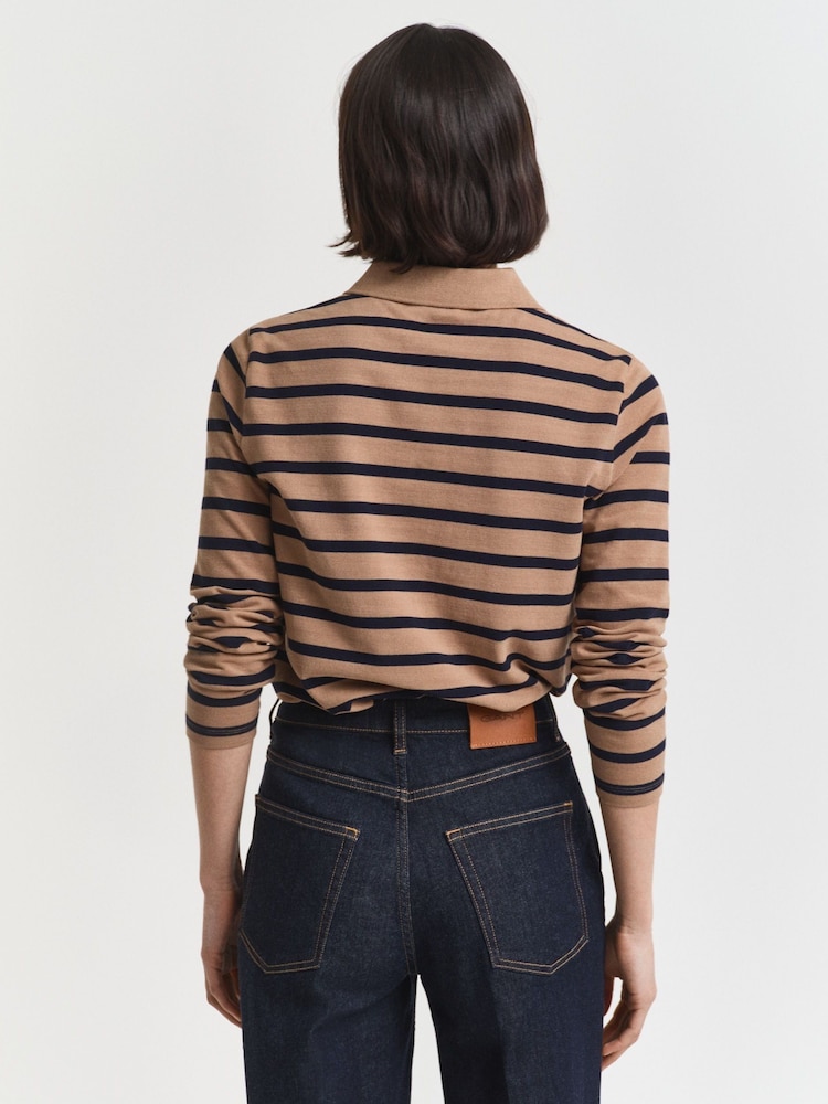 GANT Brown Breton Striped Long Sleeve Pique Polo Shirt - Image 2 of 6