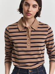 GANT Brown Breton Striped Long Sleeve Pique Polo Shirt - Image 4 of 6