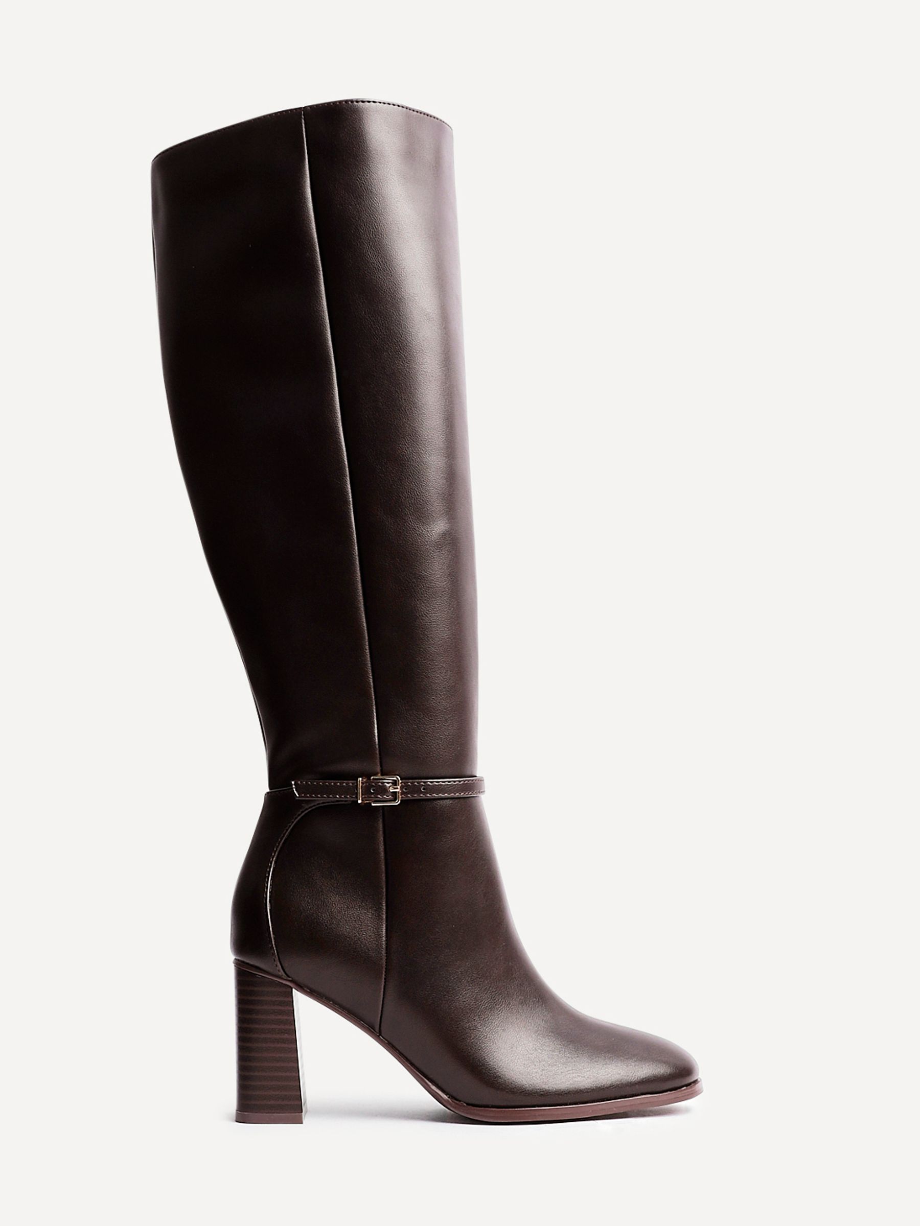Buy Linzi Brown Midtown Block Heel High Leg Boots With Buckle Detail ...
