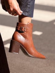 Linzi Brown Rise Block Heeled Ankle Boots With Buckle Detail - Image 1 of 7