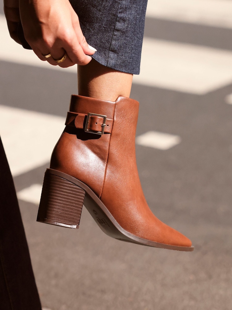 Linzi Brown Rise Block Heeled Ankle Boots With Buckle Detail - Image 1 of 7