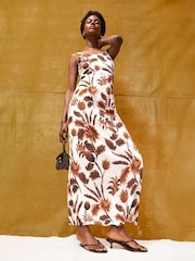 Ro&Zo Brown Tropical Floral Print Linen Blend Dress - Image 1 of 6