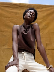 Ro&Zo Brown Cowl Neck Drape Blouses - Image 1 of 6