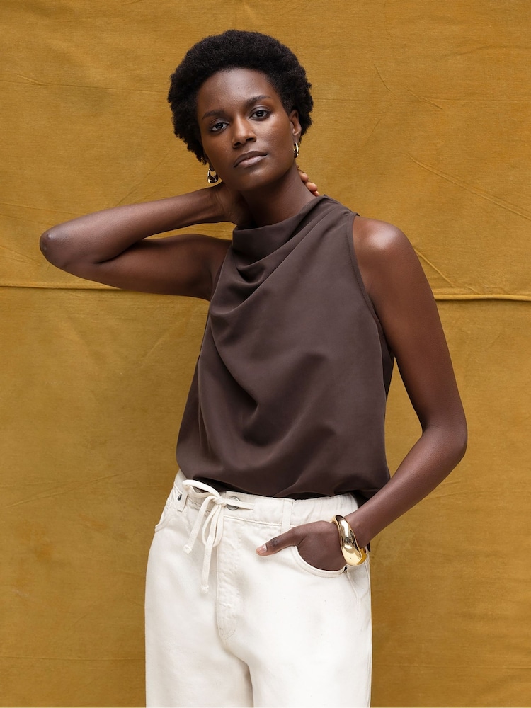 Ro&Zo Brown Cowl Neck Drape Blouses - Image 2 of 6