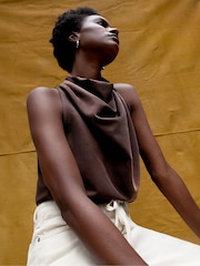 Ro&Zo Brown Cowl Neck Drape Blouses - Image 3 of 6