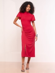 Lipsy Red Petite High Neck Ruched Short Sleeve Jersey Midi Dress - Image 3 of 4