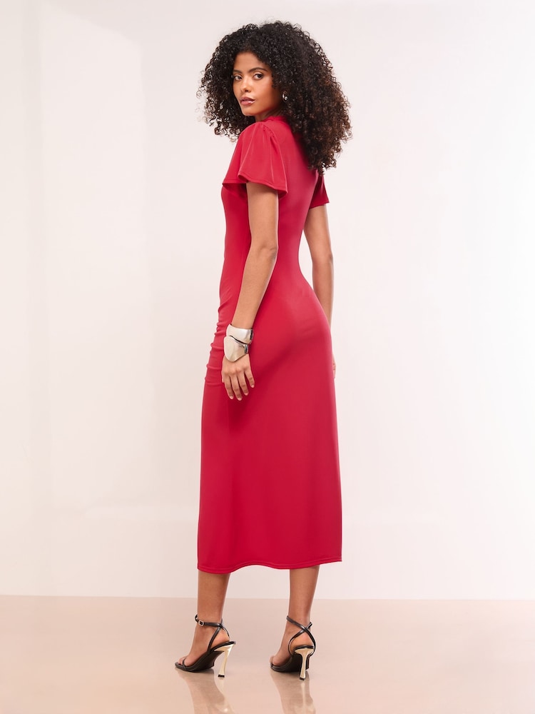 Lipsy Red Petite High Neck Ruched Short Sleeve Jersey Midi Dress - Image 4 of 4