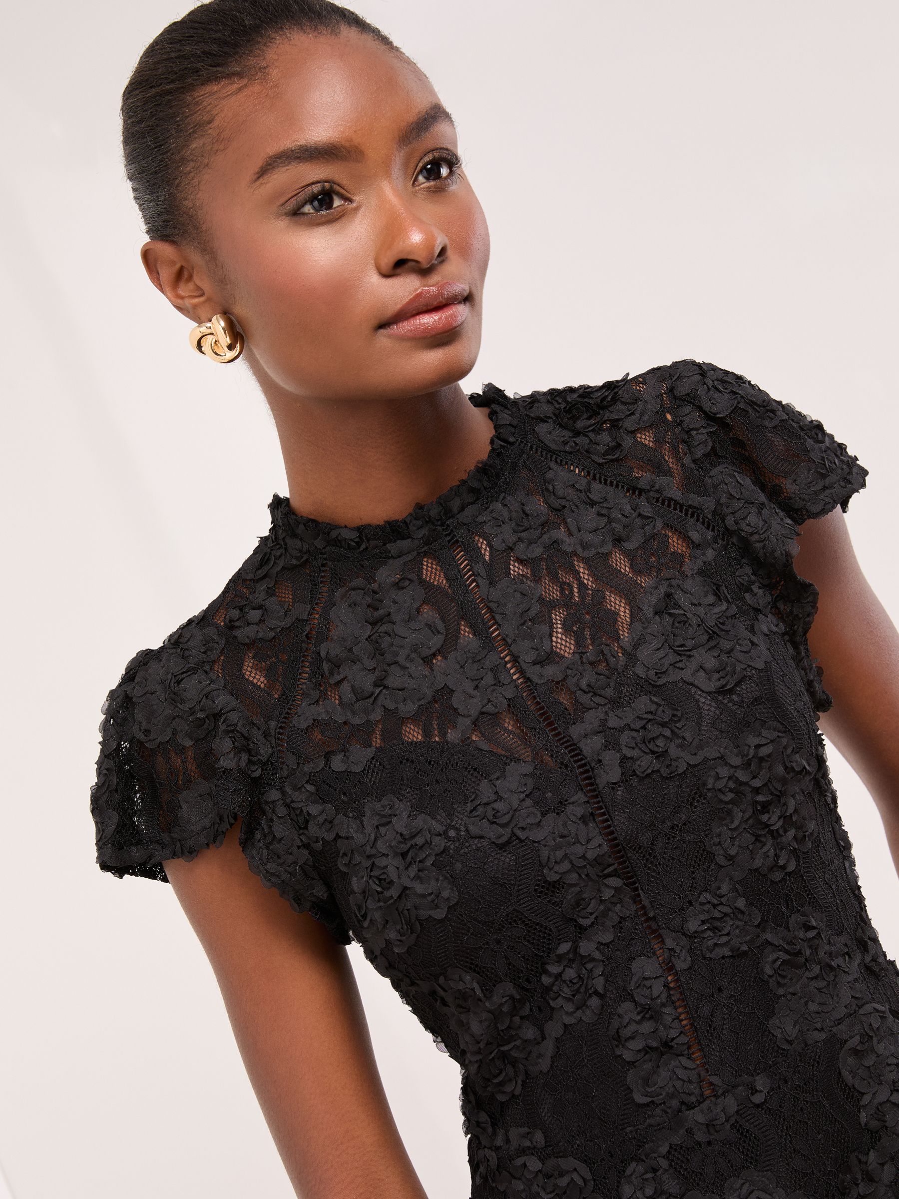 Buy Lipsy Black Lace 3D Floral High Neck Skater Dress from the