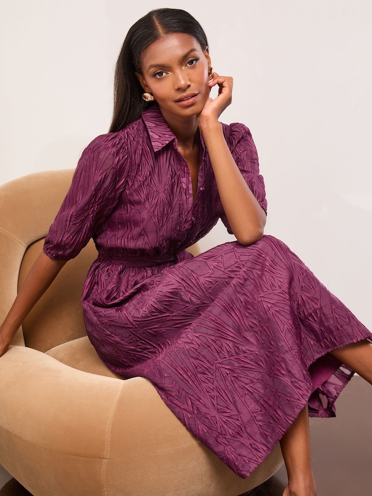 Lipsy Berry Red Textured 3/4 Sleeve Button Through Midi Shirt Dress - Image 1 of 4