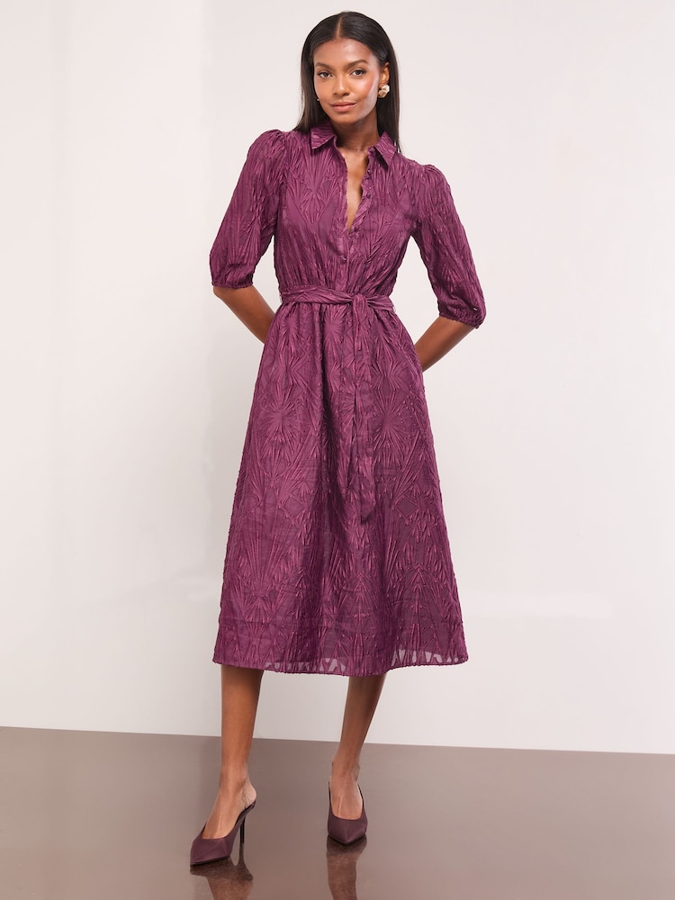 Lipsy Berry Red Textured 3/4 Sleeve Button Through Midi Shirt Dress - Image 2 of 4