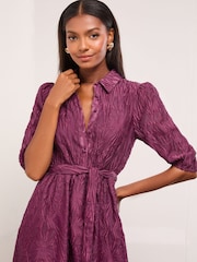 Lipsy Berry Red Textured 3/4 Sleeve Button Through Midi Shirt Dress - Image 3 of 4