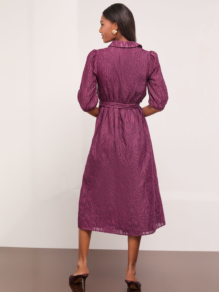 Lipsy Berry Red Textured 3/4 Sleeve Button Through Midi Shirt Dress - Image 4 of 4