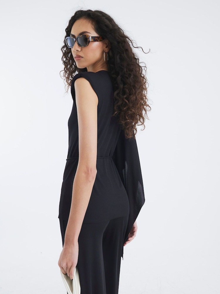 River Island Black Cape Rib Belted Top - Image 2 of 4