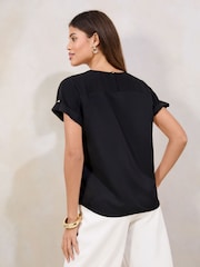 Lipsy Black Satin Chiffon Mix Keyhole Detail T-Shirt - Image 2 of 4