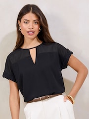 Lipsy Black Satin Chiffon Mix Keyhole Detail T-Shirt - Image 4 of 4