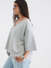 River Island Grey V-Neck Interlock T-Shirt - Image 6 of 6