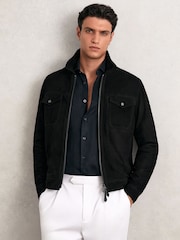 Reiss Black Pike Suede Zip Through Jacket - Image 1 of 6