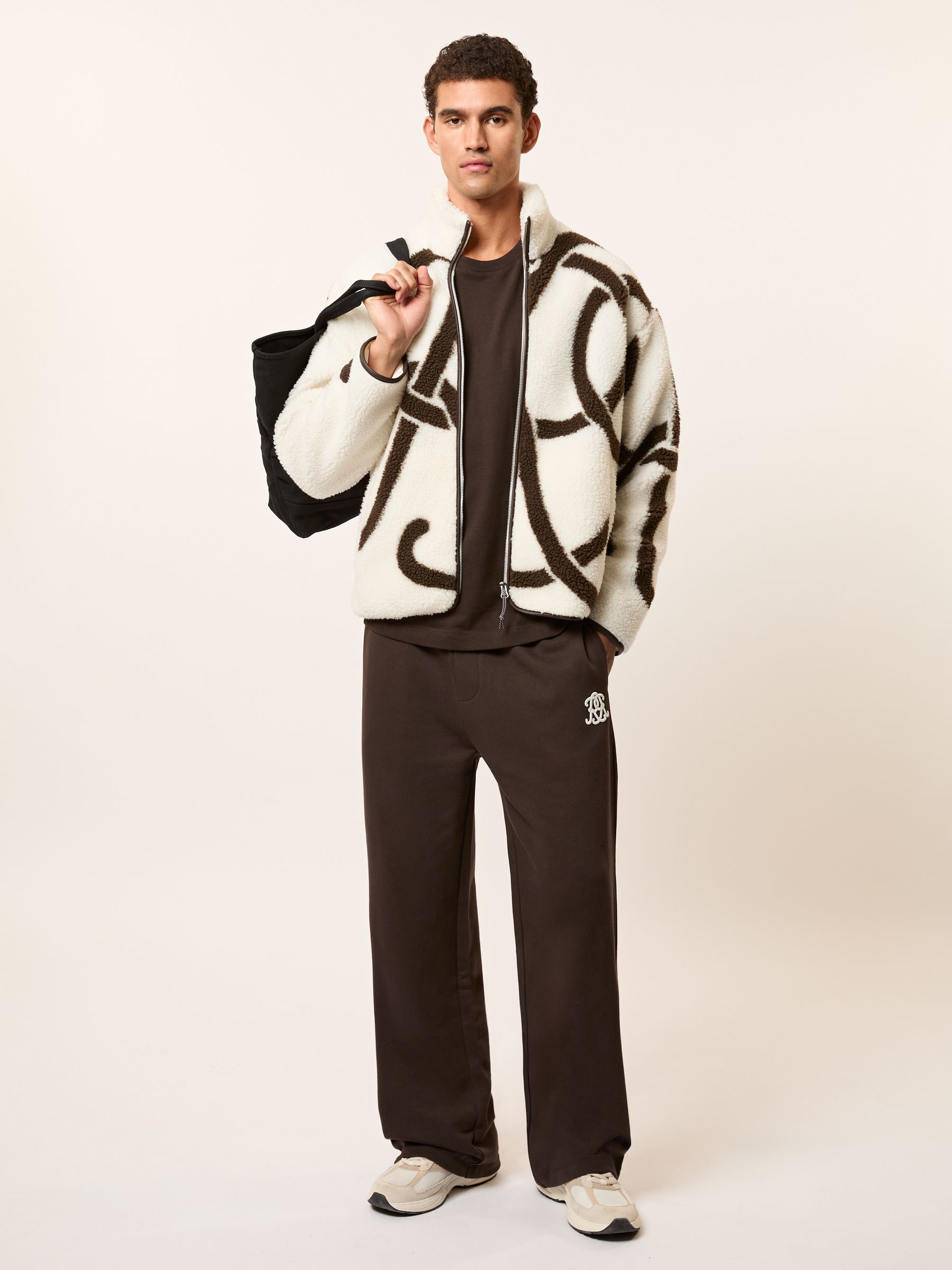 Buy Reiss White/Brown Kidd Monogram Motif Relaxed Fleece Jacket