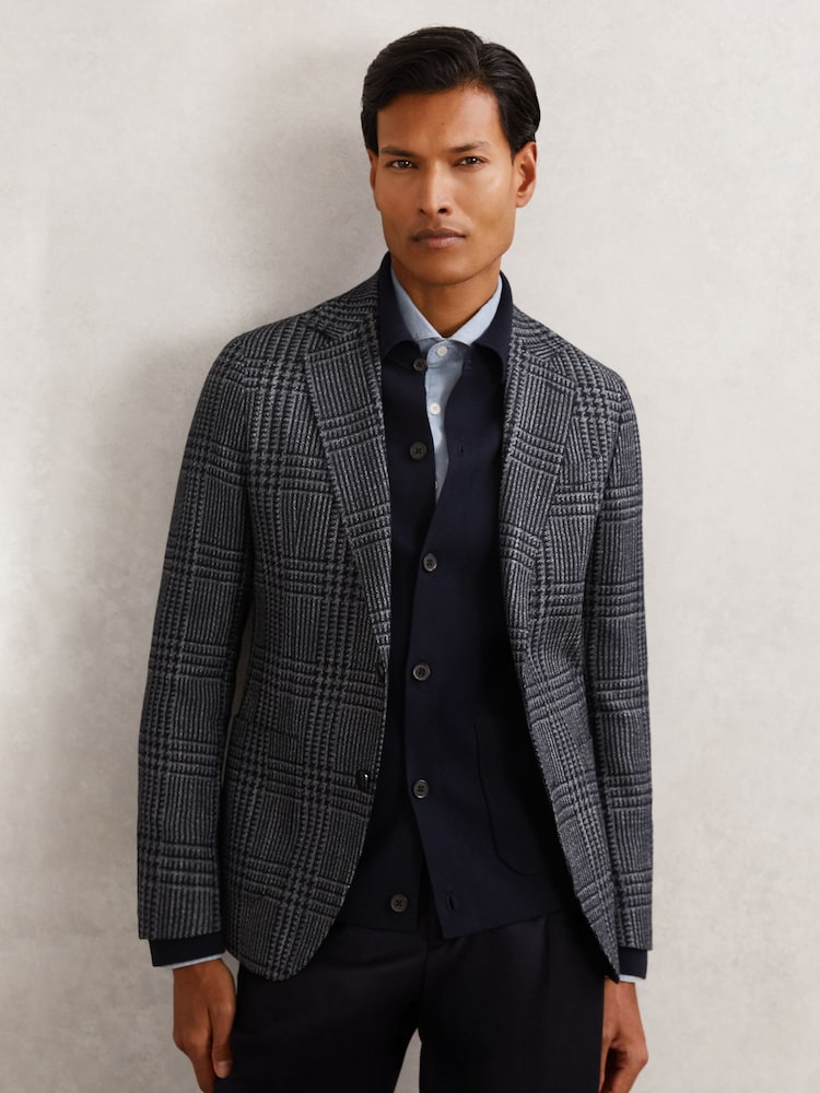 Reiss Navy Jacob Wool-Blend Check Single-Breasted Blazer Tailored-Fit - Image 1 of 6 Reiss Navy Jacob Wool-Blend Check Single-Breasted Blazer Tailored-Fit - Image 1 of 6