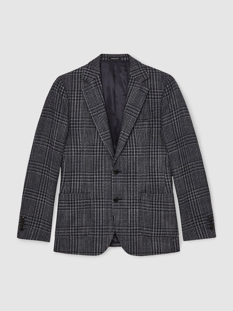 Reiss Navy Jacob Wool-Blend Check Single-Breasted Blazer Tailored-Fit - Image 2 of 6 Reiss Navy Jacob Wool-Blend Check Single-Breasted Blazer Tailored-Fit - Image 2 of 6