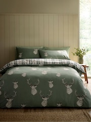 Catherine Lansfield Soft Green Stag Check Reversible Duvet Cover Set - Image 1 of 4