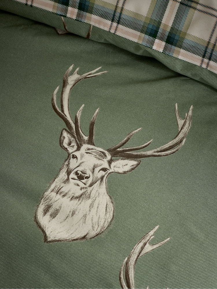 Catherine Lansfield Soft Green Stag Check Reversible Duvet Cover Set - Image 4 of 4