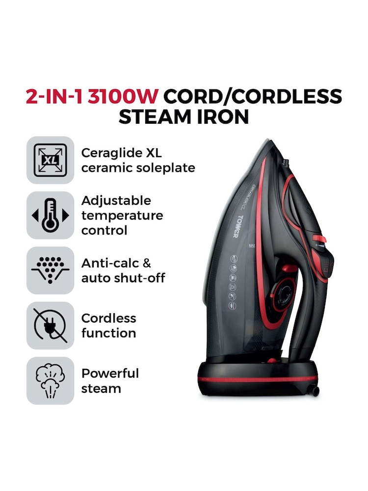 Tower Red/Black Steam Iron with Ceramic Soleplate - Image 2 of 6