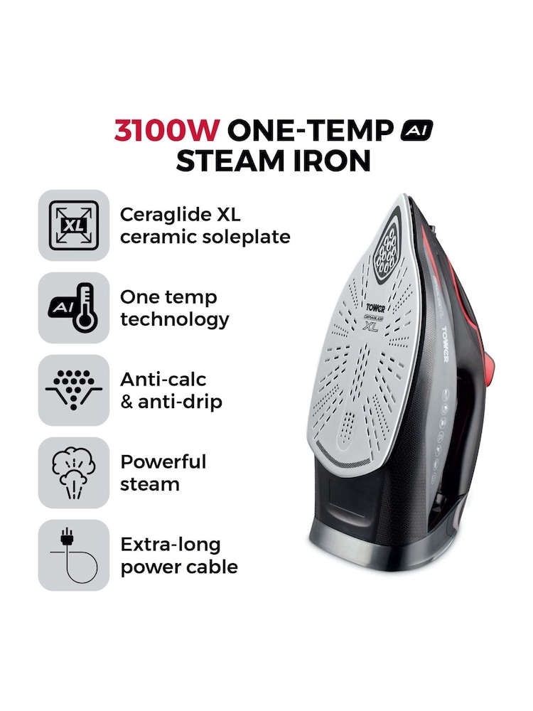 Tower Red/Black Steam Iron with Ceramic Soleplate - Image 2 of 6