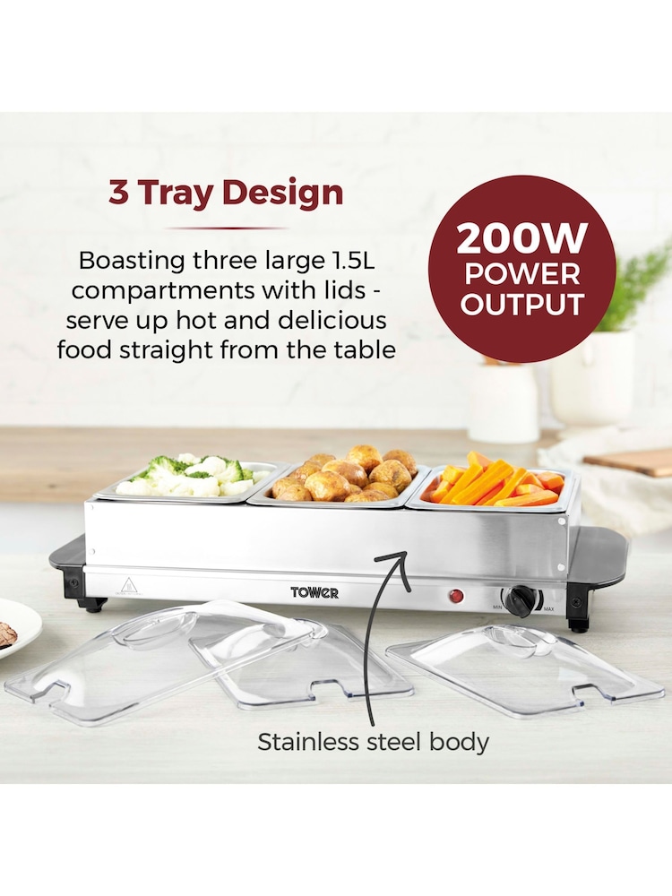 Tower Stainless Steel Buffet Server with 3 x 1.5L Tray Capacity - Image 2 of 6