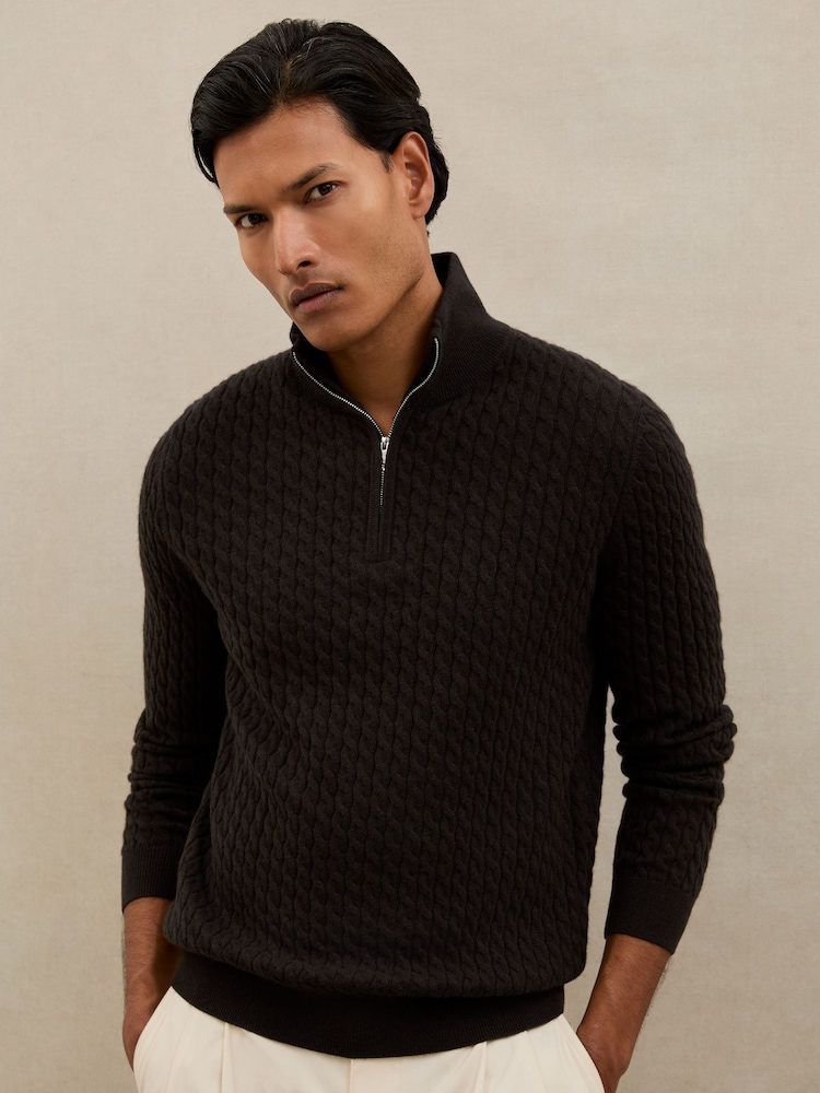 Reiss Chocolate Brown Richmond Atelier 100% Cashmere Cable Zip Jumper - Image 1 of 7