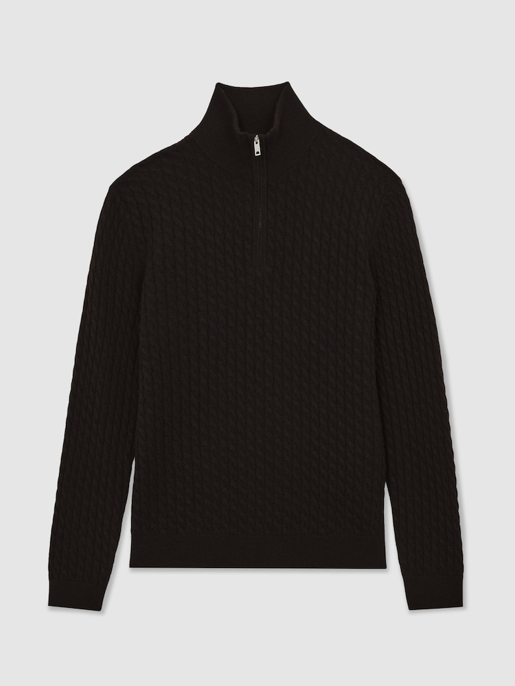 Reiss Chocolate Brown Richmond Atelier 100% Cashmere Cable Zip Jumper - Image 2 of 7