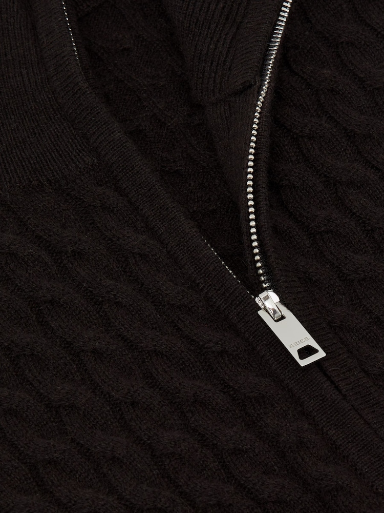 Reiss Chocolate Brown Richmond Atelier 100% Cashmere Cable Zip Jumper - Image 7 of 7